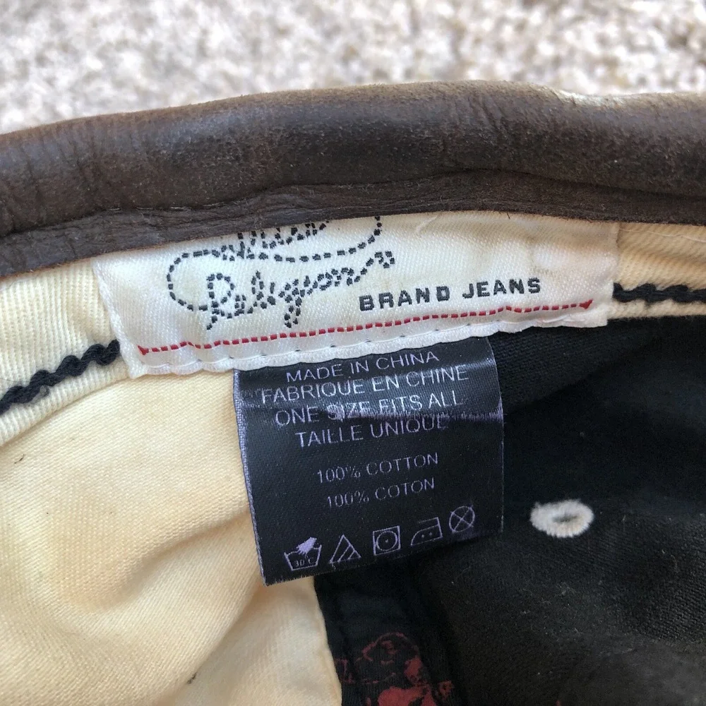 True Religion Embroidered Spellout Hat OSFA Distress Leather Trim Strap Back Cap